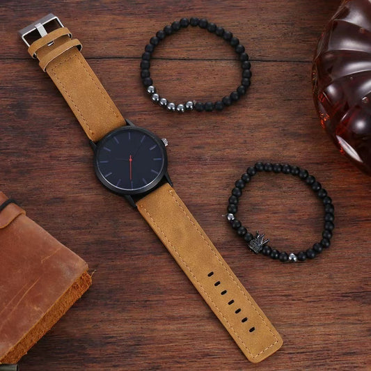 Men’s Large Dial Quartz Watch with Frosted Belt & Crown Bracelet – Casual & Stylish